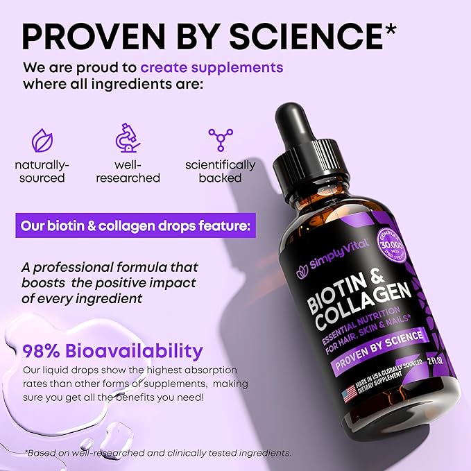 SimplyVital Liquid Biotin & Collagen - Hair, Skin & Nails Vitamins with Biotin 10000mcg & Collagen Peptides - Made in USA - Liquid Collagen for Healthy Skin & Hair Growth Support - 2 fl oz
