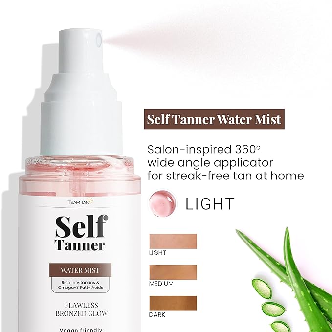 Team Tan Self Tanning Water - Vitamin Infused Self Tanner Mist for Hydrating Face and Body, Sunless Tanning Spray for Fake Tan, No Streaks, Orange Tints or Nasty Smell (Light)