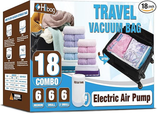 Travel Vacuum Bags with Electric Pump for Luggage and Suitcase, Vacuum Seal Compression Packing Bags for Clothes Clothing, Combo 18 Pack