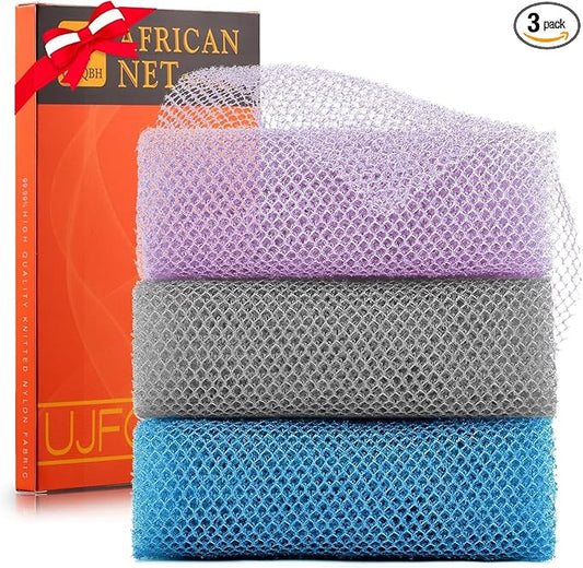 UJFQBH 3 Pieces African exfoliating net African Net Long Net Bath Sponge Exfoliating Shower Body Scrubber Back Scrubber Skin Smoother,Great for Daily Use (Purple Gray Blue)