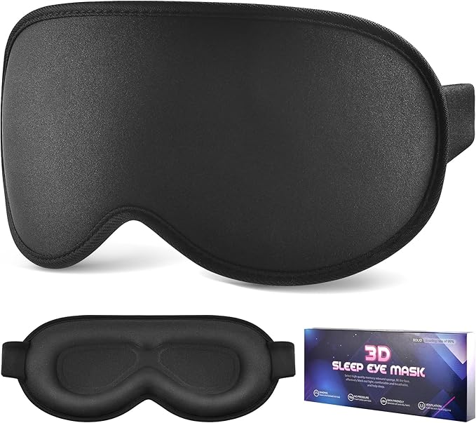 Sleep Mask for Side Sleeper Women Men, Eye Mask for Sleeping Light Blocking, 3D Contoured Cup Sleeping Mask, Soft Breathable Sleep Eye Mask with Adjustable Elastic Strap for Travel (Black)