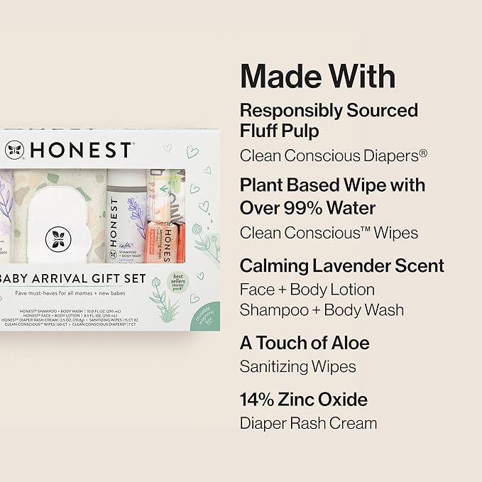 The Honest Company Baby Arrival Gift Set | Newborn Essentials Welcome Box | Diapers, Wipes, Personal Care, Diaper Rash Cream