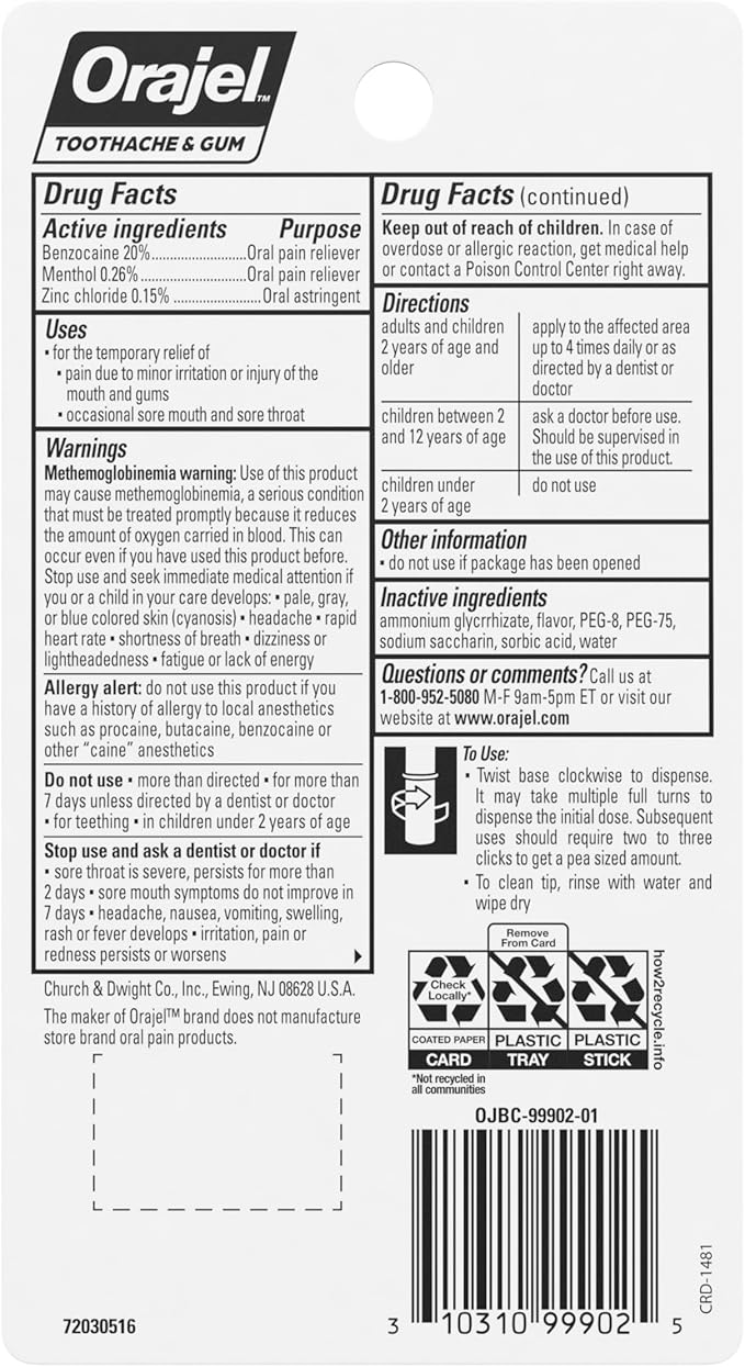 Orajel Rescue Relief Pen with Menthol Cooling Gel for Instant Pain Relief of Tooth & Gum, Canker Sores, Braces and Denture Irritation, Touch-Free Silicone Applicator, 0.07 oz