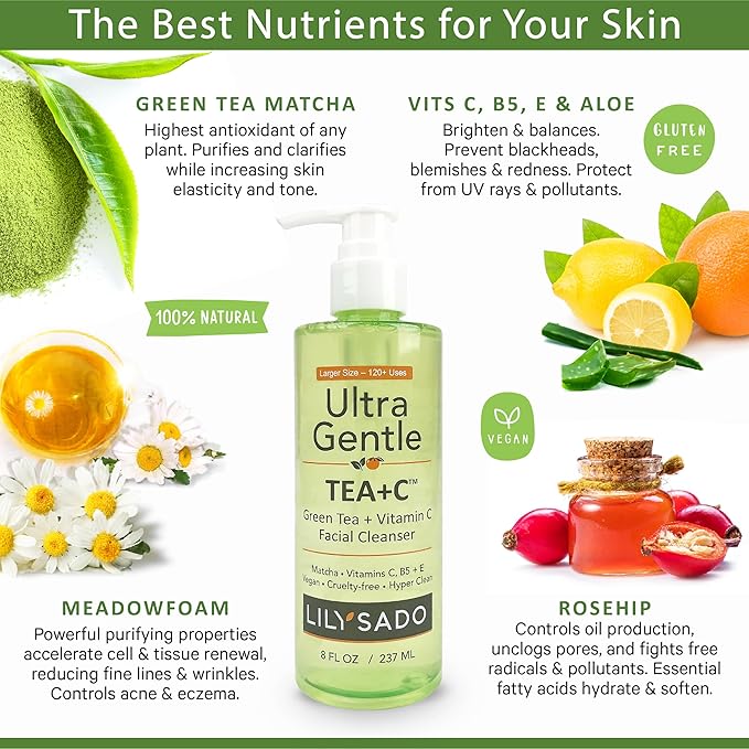 LILY SADO TEA+C™ Green Tea & Vitamin C Face Cleanser – Natural Vegan Antioxidant Daily Face Wash with Aloe, Rosehip, Meadowfoam - Gentle Deep Cleansing for Acne, Blackheads, Blemishes. 8 oz