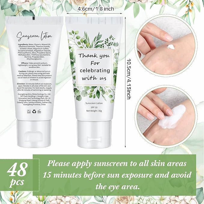48 Pcs Mini Sunscreen Bulk for Summer Wedding Party SPF 30 Water Resistant Sunscreen Lotion Bulk 1oz Travel Size for Thank You Gifts Summer Beach Wedding Party Supplies