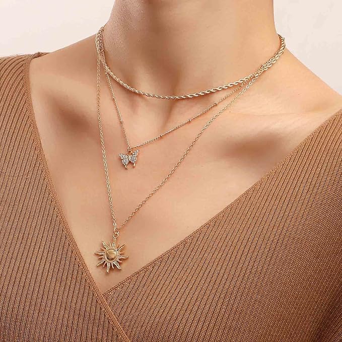 Bohemia Layered Sun Necklace Choker Crystal Butterfly Pendant Necklace Gold Rope Chain Necklace Vintage Sunflower Necklace Jewelry for Women and Girls