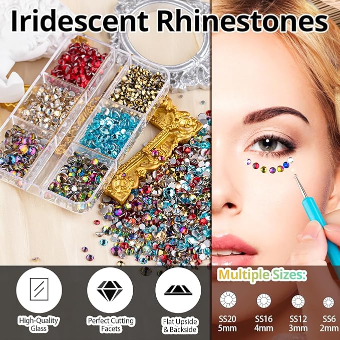 Colorful Face Gems for Makeup Set, Flatback Gorgeous Charming Mixed-Colored Chameleon Crystals with Makeup Glue+Picker Pencil+Tweezer for Eye Body Hair Make-up and Nail Art Deco