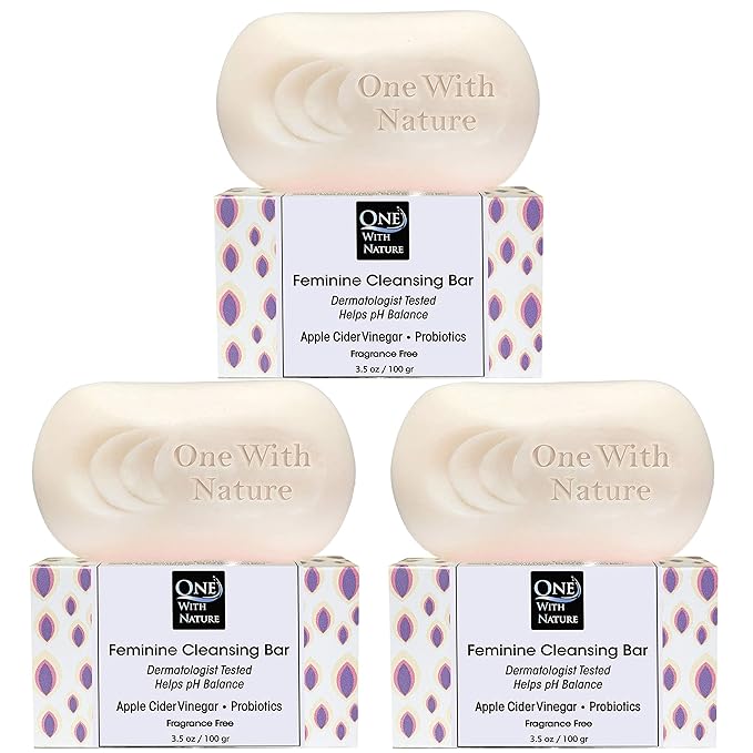One With Nature Feminine Cleansing Bar 3Pack 3.5Oz - Fragrance-Free Feminine Soap Bar, Probiotics, Apple Cider Vinegar, Omega Fatty Acids, Oatmeal, Pure, Gentle Cleansing Bar for All Skin, Face, Body