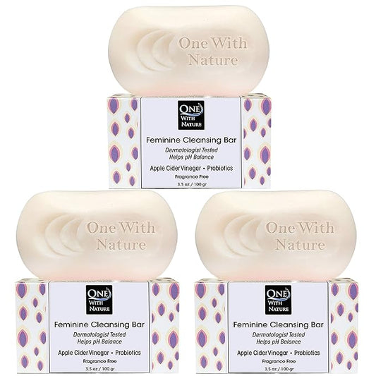 One With Nature Feminine Cleansing Bar 3Pack 3.5Oz - Fragrance-Free Feminine Soap Bar, Probiotics, Apple Cider Vinegar, Omega Fatty Acids, Oatmeal, Pure, Gentle Cleansing Bar for All Skin, Face, Body