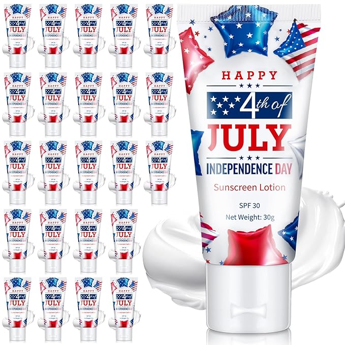 24 Pcs 4th of July Party Supplies Bulk Spf 30 Mini Sunscreen for Summer Independence Day Party 1oz Travel Size Thank You Gifts for Patriotic Favors Supplies