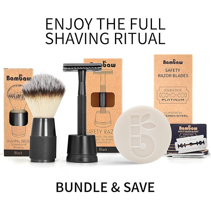 Bambaw Double Edge Safety Razor with 5 Safety Razor Blades, Single Blade Razor for Men with Razor Stand, Double Edge Razor, Safety Razors for Men - Black