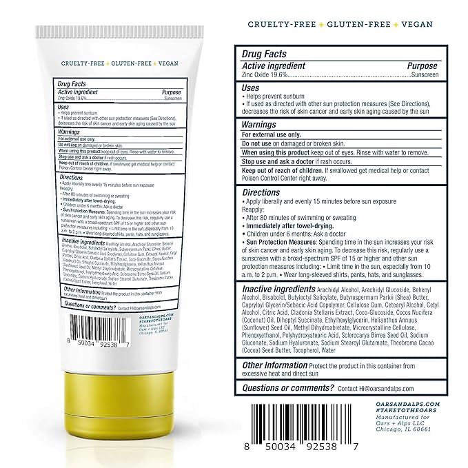 Oars + Alps Mineral SPF 50 Sunscreen Body Lotion, Infused with Hyaluronic Acid, Shea Butter, and Coconut Oil, Water and Sweat Resistant, 6 Fl Oz