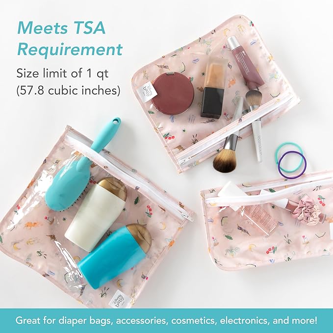 Bumkins Disney Travel Bag, Toiletry, TSA Approved Pouch, Zip Bag, Quart Size Airline Compliant, Clear-Sided, Baby, Diaper Bag Organization, Accessories, Packing, Set of 3 Sizes, Princess Magic Pink