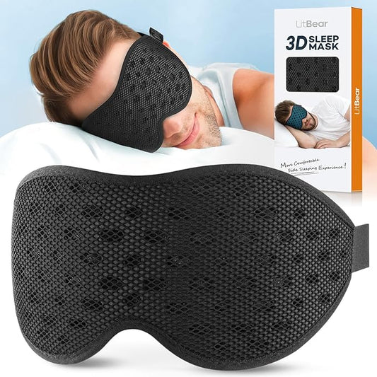 LitBear Breathable Sleep Mask, 3D Eye Mak Sleep for Side Sleepers Women Men, Light Blocking Sleeping Mask with Adjustable Strap, Soft Lightweight Eye Cover for Travel, Night Work, Nap, Office - Black