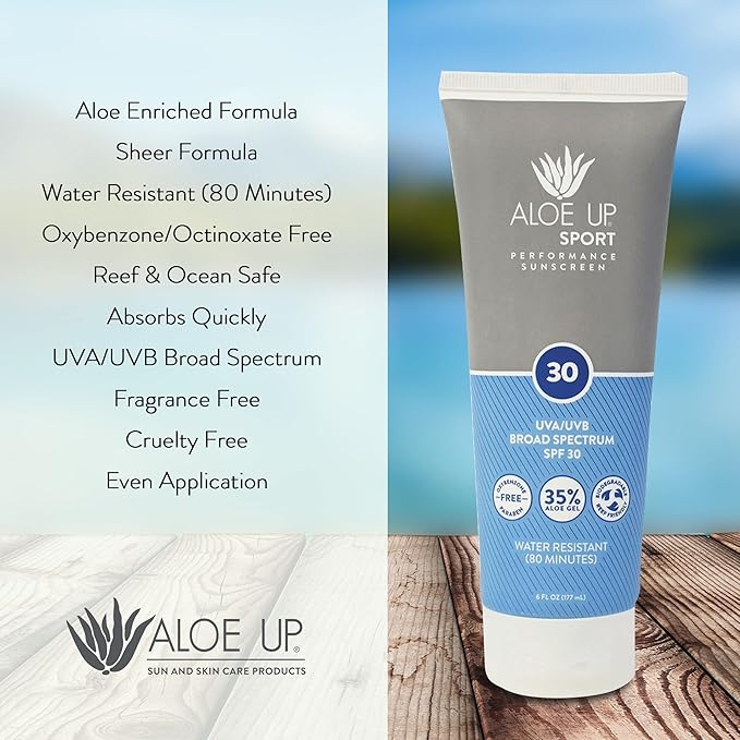 Aloe Up Sport Sunscreen Lotion SPF 30 - Broad Spectrum UVA/UVB Sunscreen Protector for Face and Body - With Hydrating Aloe Vera Gel - Non-Greasy No White Cast Reef Safe Fragrance-Free - 6 Oz.