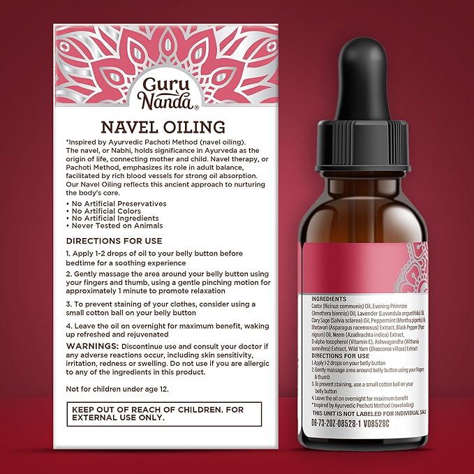 GuruNanda Navel Oiling – Ayurvedic Belly Button Oil with Castor, Neem & Vitamin E | Supports Digestion, Detox, Hydration & Stress Relief | 100% Natural & Pure | 2 fl oz