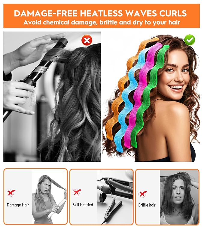 42 Pieces Heatless Waves Hair Curler, No Heat Damage Wavy Hair Curlers with 2 Sets of Styling Hooks, Heatless Curls for Women Girls Long Medium Short Hair (4 Colors,45cm/ 17.7")