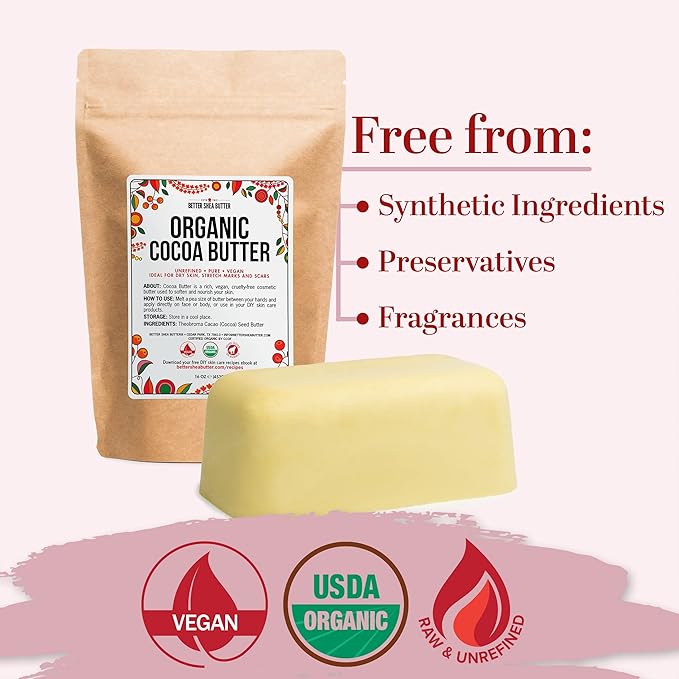 Organic Cocoa Butter Raw Unrefined, Food Grade USDA Certified Organic, for Scars, Stretch Marks Cream, Body Butter, Lip Balm and Lotion Bars, 100% Pure 1 lb Block