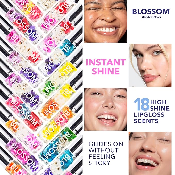 Blossom Roll on Lip Gloss, Scented Clear High Shine Moisturizing Lip Oil, Non Sticky, Infused with Real Flowers, Made in USA, 0.2oz, Strawberry/Banana