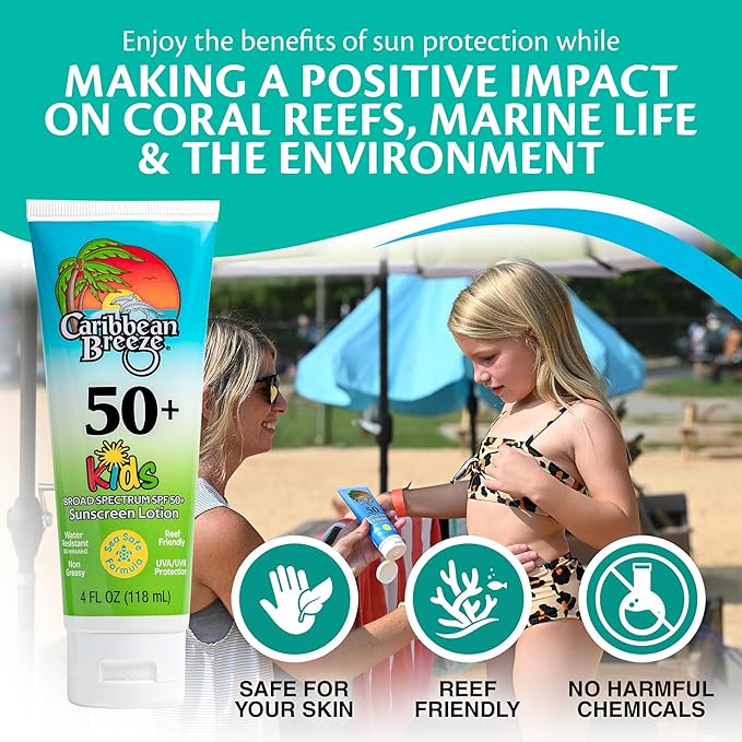 Reef Friendly Kids Sunscreen Lotion SPF 50, Mango Lime Scent Body Sunscreen Lotion, Rich in Anti Oxidants, Water Resistant Up to 80 Minutes, Broad Spectrum Body Lotion with Sunscreen, 4 oz, 2 Pack