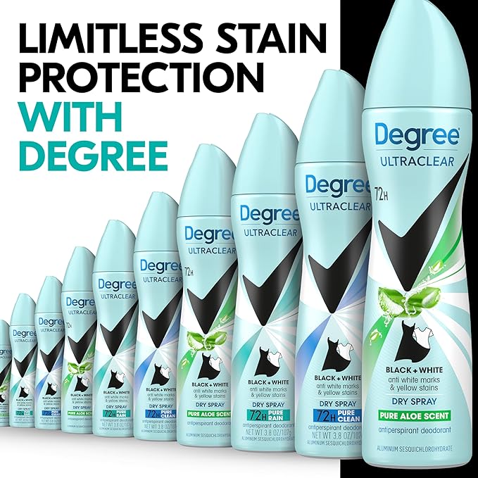 Degree UltraClear Antiperspirant Deodorant Dry Spray 4 pack for 72h Nonstop Sweat Protection For Women Pure Aloe Scent Anti White Marks And Yellow Stains 3.8 Oz