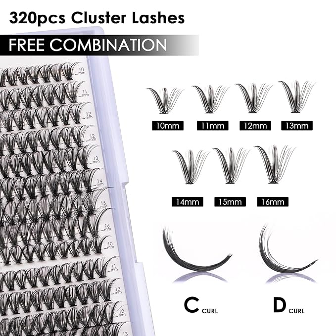 Lash Clusters 320pcs Individual Lashes 30D&40D DIY Lash Extensions D Curl Lash Clusters False Eyelashes Natural Look 10-16mm Mix Cluster Eyelash Extensions EASY TO USE (30D+40D-0.07D)