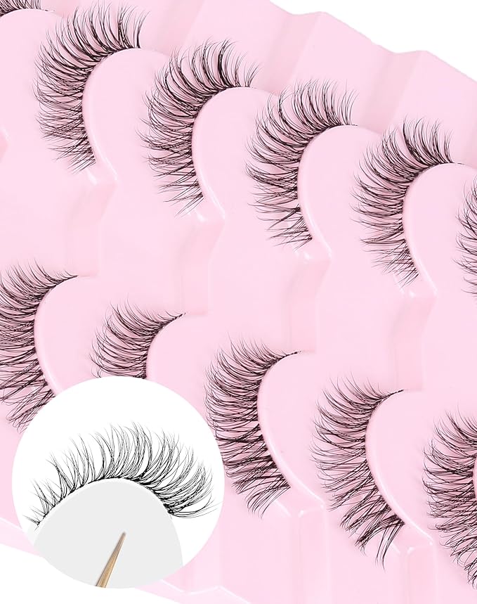 Natural Cat Eye Lashes Natural Eyelashes Wispy Mink Lashes Short Fake Lashes Clear Band Eye Lashes Pack 7 Pairs Small Demi Wispies Eyelashes