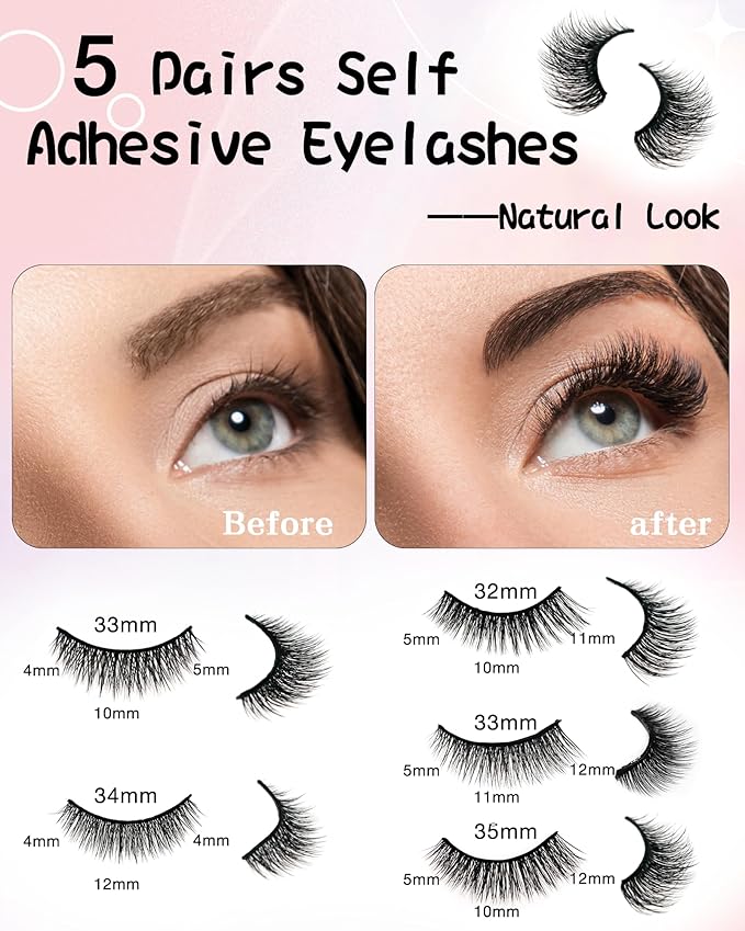 Self Adhesive Eyelashes Natural Look False Eyelashes Reusable Self Stick Lashes, No Glue Needed, 5 Pairs Mixed