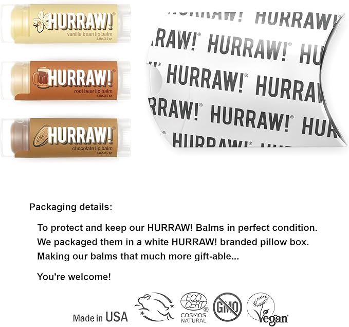 Hurraw! Vanilla Bean, Root Beer, Chocolate Lip Balms, 3 Pack Bundle: Organic, Certified Vegan, Cruelty and Gluten Free. Non-GMO, 100% Natural Ingredients. Bee, Shea, Soy and Palm Free. Made in USA