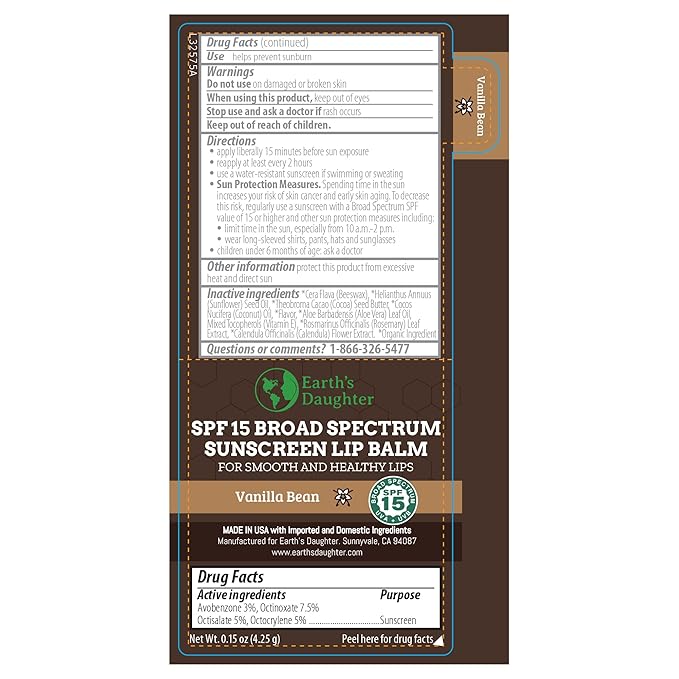 SPF Lip Balm 4-Pack by Earth's Daughter - Lip Sunscreen, SPF 15, Organic Ingredients, Vanilla Flavor, Beeswax, Coconut Oil, Vitamin E - Hypoallergenic, Paraben Free, Gluten Free