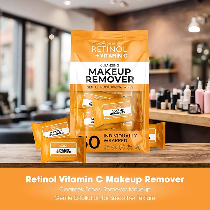 Retinol + Vitamin C Individually Wrapped Makeup Remover Wipes, travel essentials for Travel & On the Go, women facial cleansing towelettes, removes makeup mascara & sunscreen - 30 single face wipes