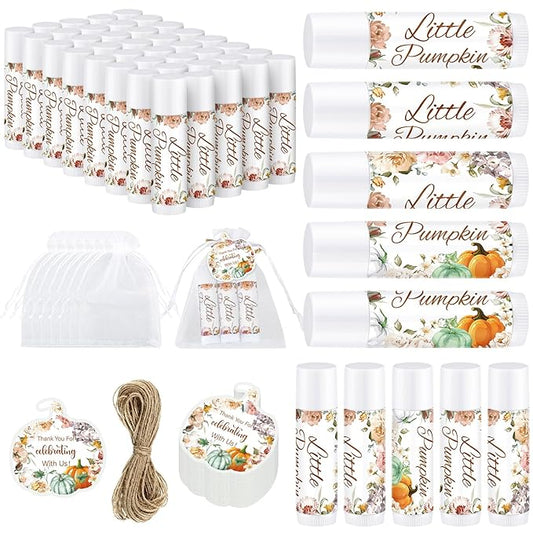 Demissle 50 Pcs Baby Shower Lip Balm Gift Set with 100 Pcs Organza Bags Baby Shower Party Favor for Guest Thank You Tag Rope Baby Shower Party Decoration Gender Reveal Souvenirs (Pumpkin and Flowers)