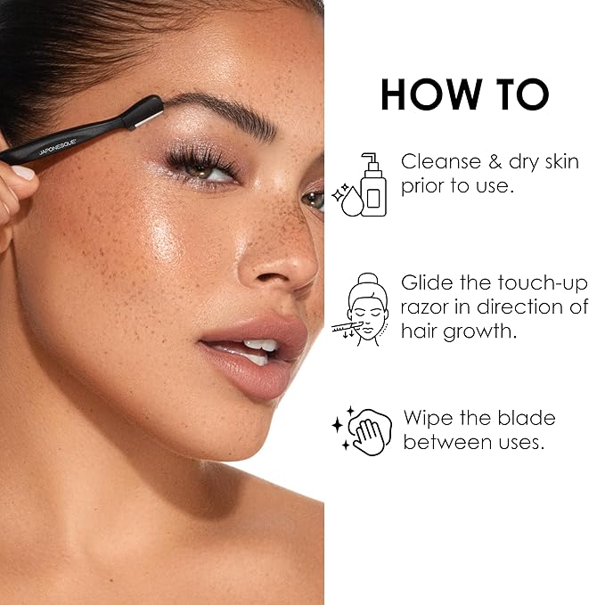 Japonesque Brow Touch Up Razors with Ultra-Sharp Stainless Steel Blades, for Removal of Unwanted Facial Hair and Peach Fuzz, Protective Blade Cover for Safe Storage Included