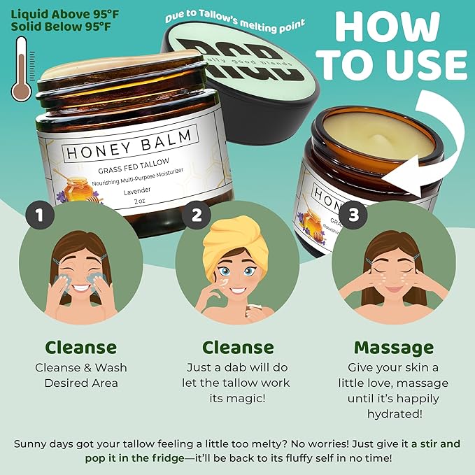Tallow and Honey Balm, Organic Body Butter, Grass-Fed Beef Tallow for Skin, Soothing All-Natural Moisturizer for Body and Face | Made in USA - 2 oz (Lavender)
