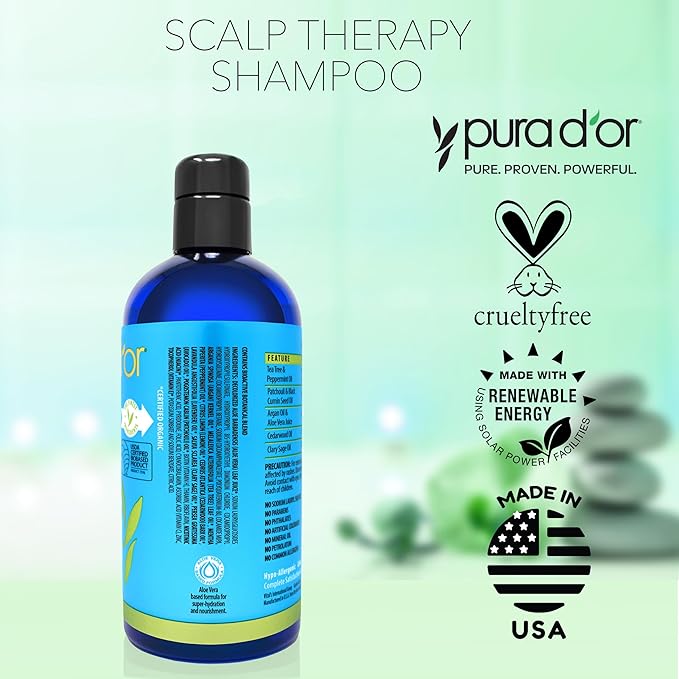 PURA D'OR Therapy Shampoo (16oz) Hydrates & Nourishes - Scalp Care Shampoo For Itchy Flaky Scalp w/ Tea Tree, Peppermint, Patchouli, Cedarwood, Clary Sage, Argan Oil (Packaging may vary)