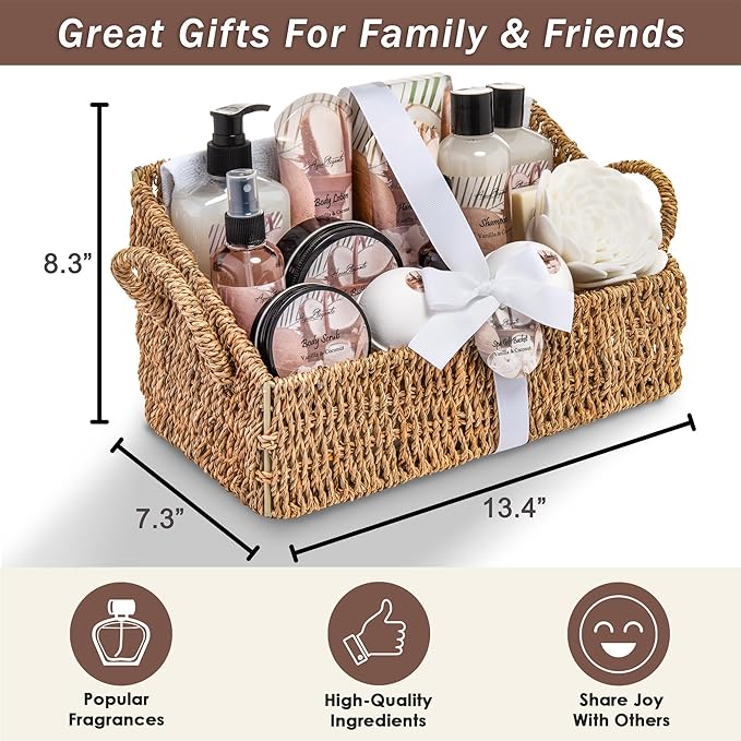 Bath Spa Gift Sets - Luxury Basket With Coconut & Vanilla - Spa Kit Includes Wash, Bubble Bath, Lotion, Bath Salts, Body Scrub, Shower Puff, Bathbombs, Soap in Wooden Basket