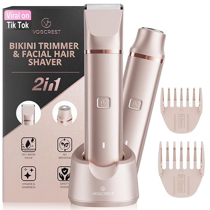 Electric Bikini Trimmer: 2 in1 Body Facial Hair Remover - Painless Pubic Hair Shaver (Rose Gold)