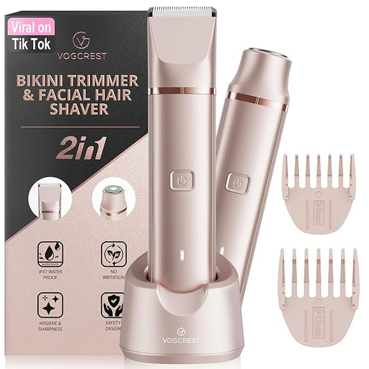 Electric Bikini Trimmer: 2 in1 Body Facial Hair Remover - Painless Pubic Hair Shaver (Rose Gold)