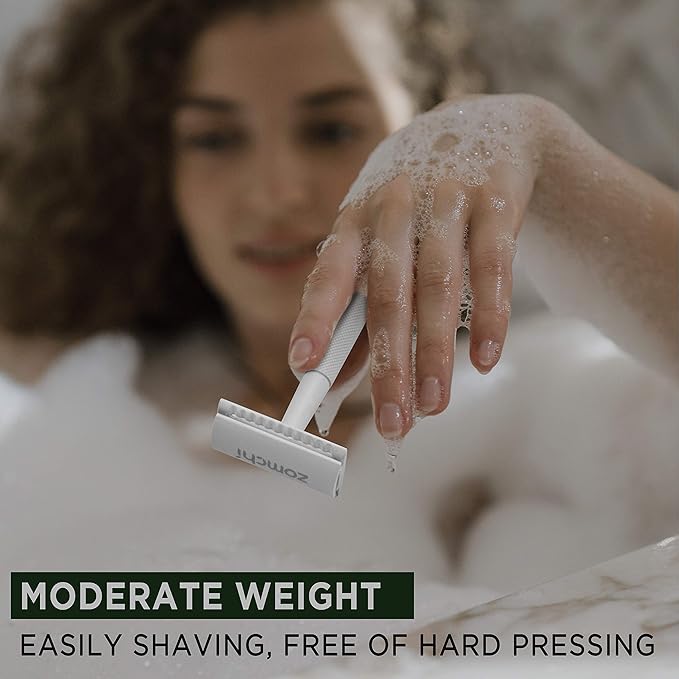 ZOMCHI Double Edge Safety Razor for Men & Women, Metal Razor with 5 Double Edge Safety Razor Blades, Single Blade Razor – White