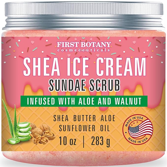 First Botany Body Scrub - Natural Exfoliating Salt Scrub & Body and Face Souffle helps with Moisturizing Skin, Acne, Cellulite, Dead Skin Scars, Wrinkles (10 fl oz, Shea Icecream)