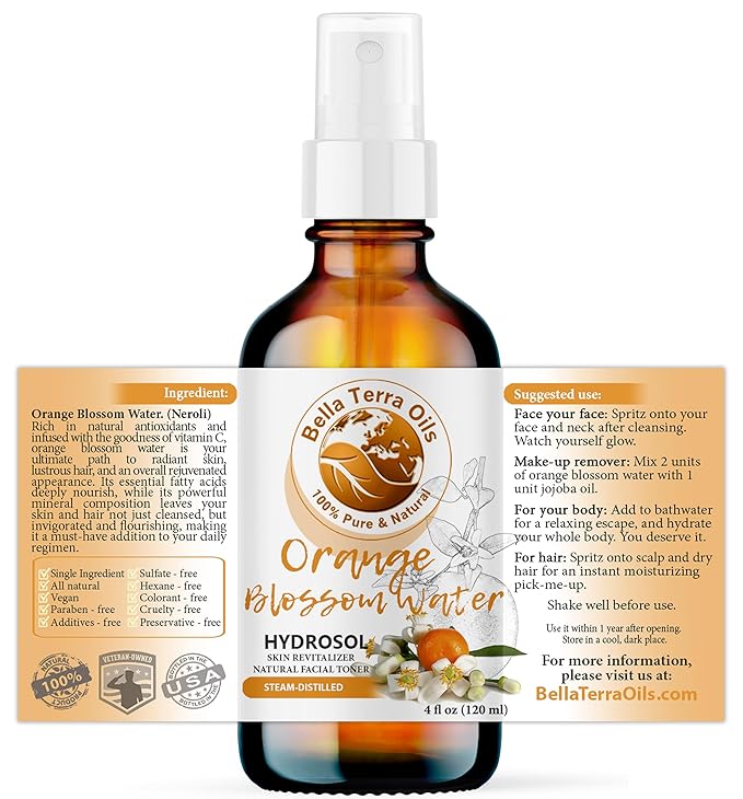 Bella Terra Oils - Organic Neroli Water 4oz - Naturally Distilled Orange Blossom Mist for a Refreshing Glow