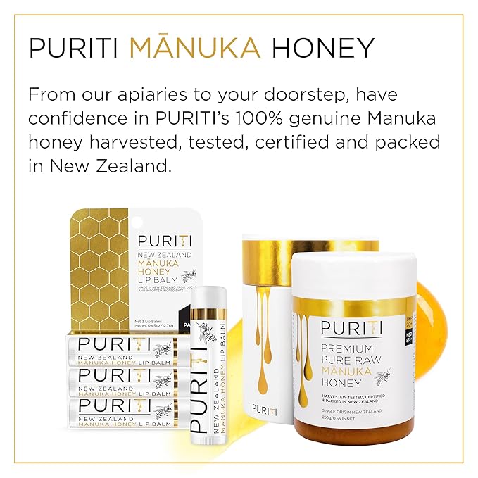 PURITI Manuka Honey Lip Balm – 3pack Soothing & Moisturizing, Enriched with Almond, Jojoba, Macadamia Oils, Cocoa Butter, Hydrating for Dry & Chapped Lips, 100% Genuine New Zealand Manuka Honey