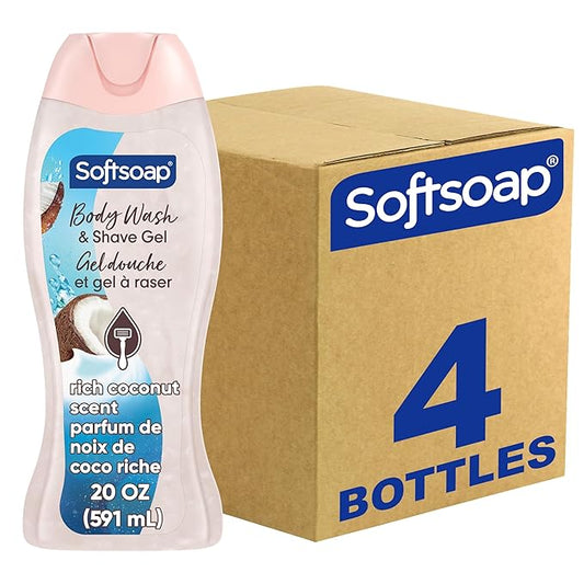 Softsoap Moisturizing Body Wash and Shave Gel, Rich Coconut Scent, 20 fl oz Bottle (Pack of 4)