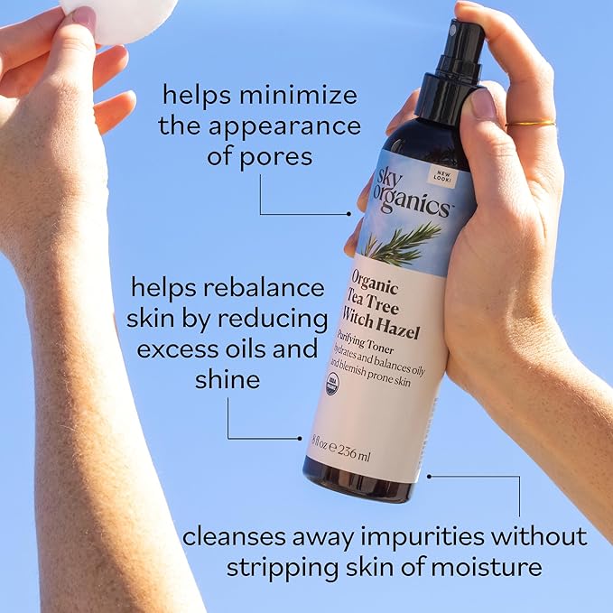 Sky Organics Organic Tea Tree & Witch Hazel for Face, Purifying Facial Toner to Hydrate, Soothe, Cleanse and Balance Blemish-Prone Skin, Helps Minimize the Appearance of Pores, 8 fl oz