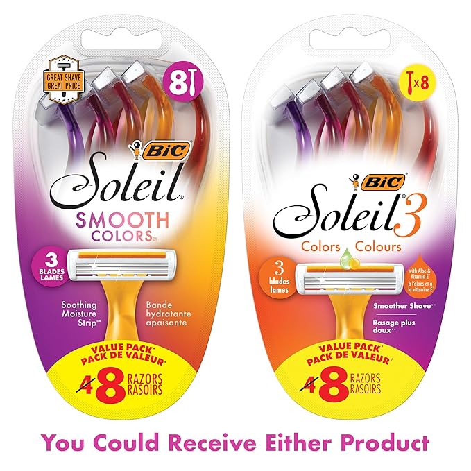 BIC Soleil Smooth Colors Women's Disposable Razors With Aloe Vera and Vitamin E Lubricating Strip for Enhanced Glide, With 3 Blades, 8 Count
