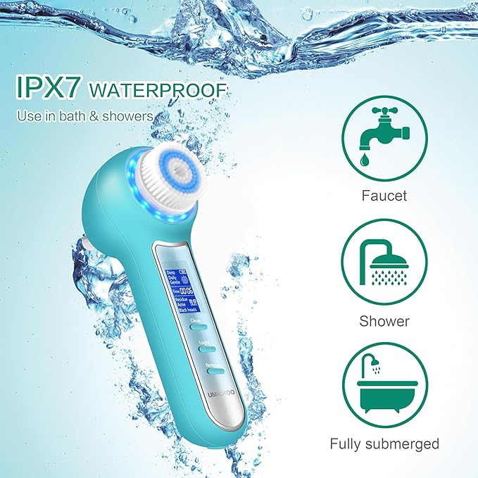 Face Scrubber Exfoliator,Facial Cleansing Brush Waterproof with LCD Screen,Blackhead Remover Vacuum with 5 Brush Heads,Face Spin Brush for Exfoliating (Blue-Blue)
