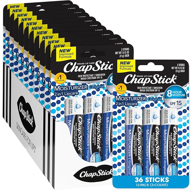 ChapStick Lip Moisturizer, Original 2-in-1 Lipcare SPF 12 3-Packs (12 Sets/36 Tubes) – Bulk Lip Balm, New Formula, 0.15 Oz Ea