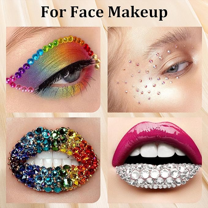 Colorful Face Gems for Makeup Set, Flatback Gorgeous Glass Clear+Mixed-Colored Crystals with Picker Pencil, Makeup Glue, Dual-End Dotting Tool, Tweezer for Eye Body Hair Make-up and Nail Art Deco