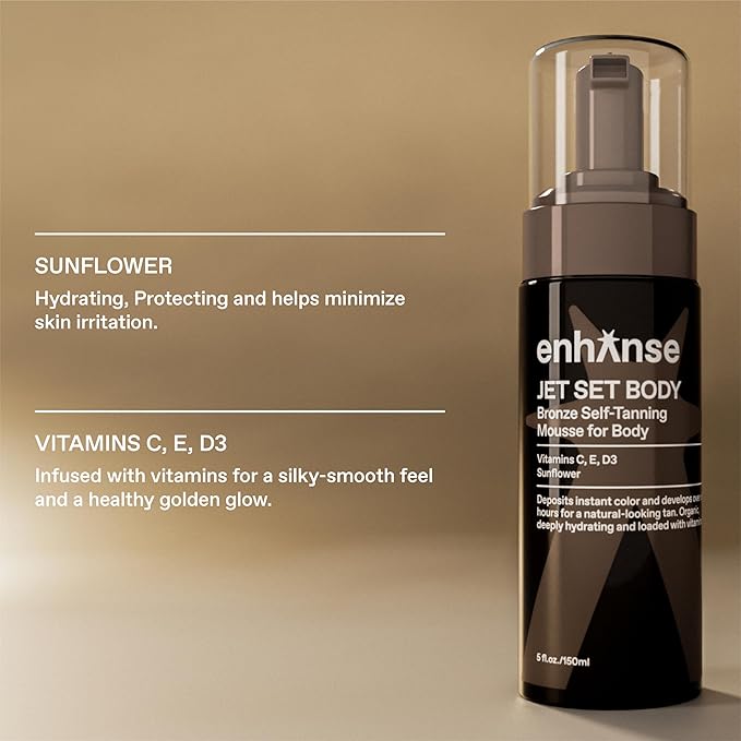 Jet Set Body Self Tanner Mousse & Tanning Mit for Men, Hydrating Self Tan, Vitamin C E D3, Instant Glow, Develops Over 6 Hours, Anti Orange Streak Free Tanning, Clean, 5 Fl Oz