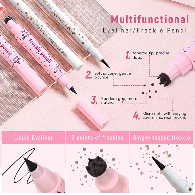 2pcs Freckle Stamp Pen with Eyeliner for Natural Lifelike Faux Freckle 2 in 1 Fake Freckles Stain Marker Pen for Waterproof Long Wear Sunkiss Makeup #Light Brown&Black
